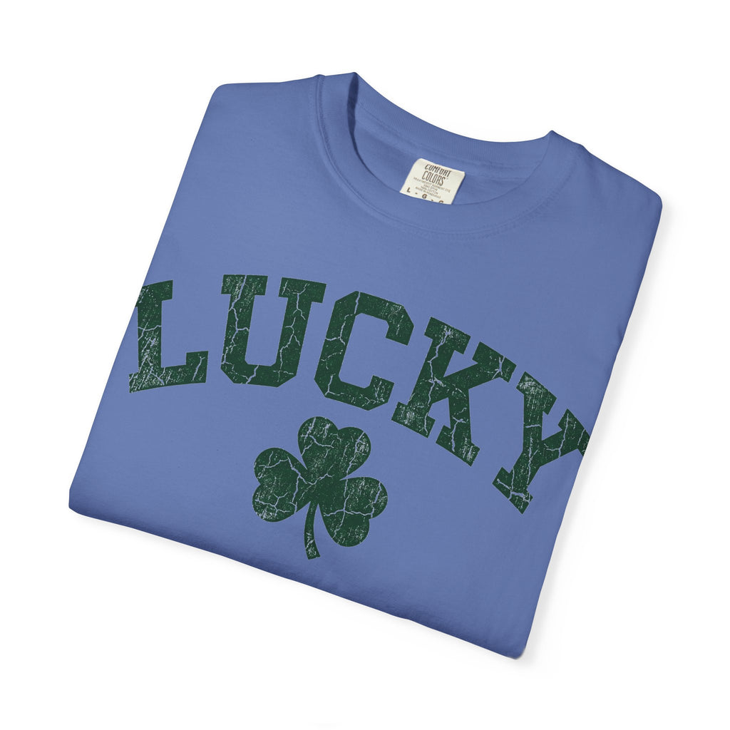 Lucky Clover Collegiate Shirt, Cracked Varsity Green Tee, St Patricks Day Shirt, Shamrock Gift