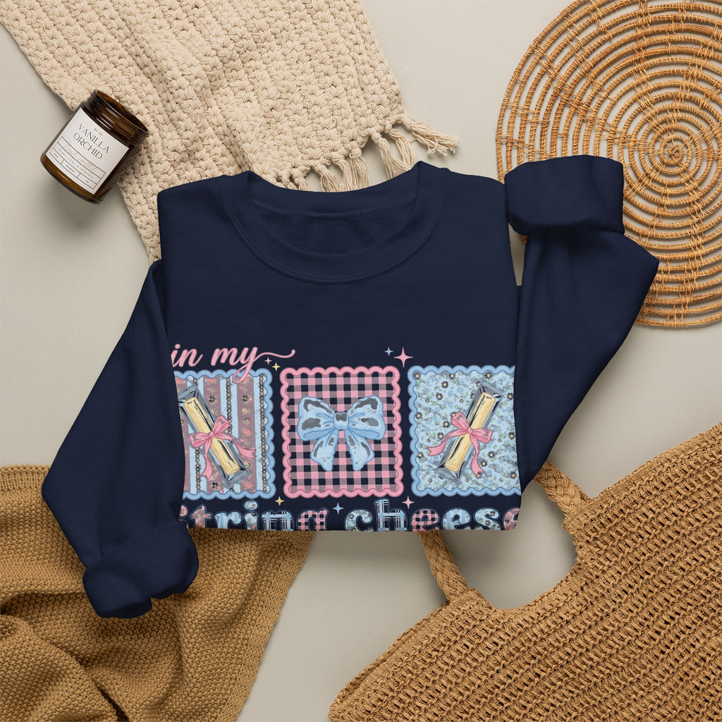 In My String Cheese Era Sweatshirt, Coquette Bow Snack Sweatshirt, Funny Girly Meme Sweatshirt, Pastel Pink Blue Gift for Her, Cute Food Hum