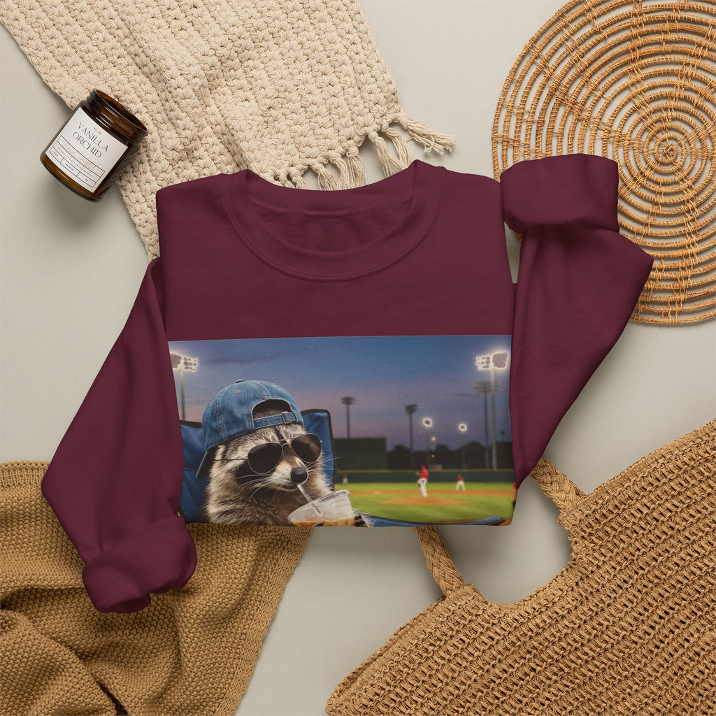 I Live Here Now Raccoon Baseball Sweatshirt, Funny Baseball Mom Sweatshirt, Raccoon Camp Chair Stadium Sweatshirt, Travel Ball Parent Gift,