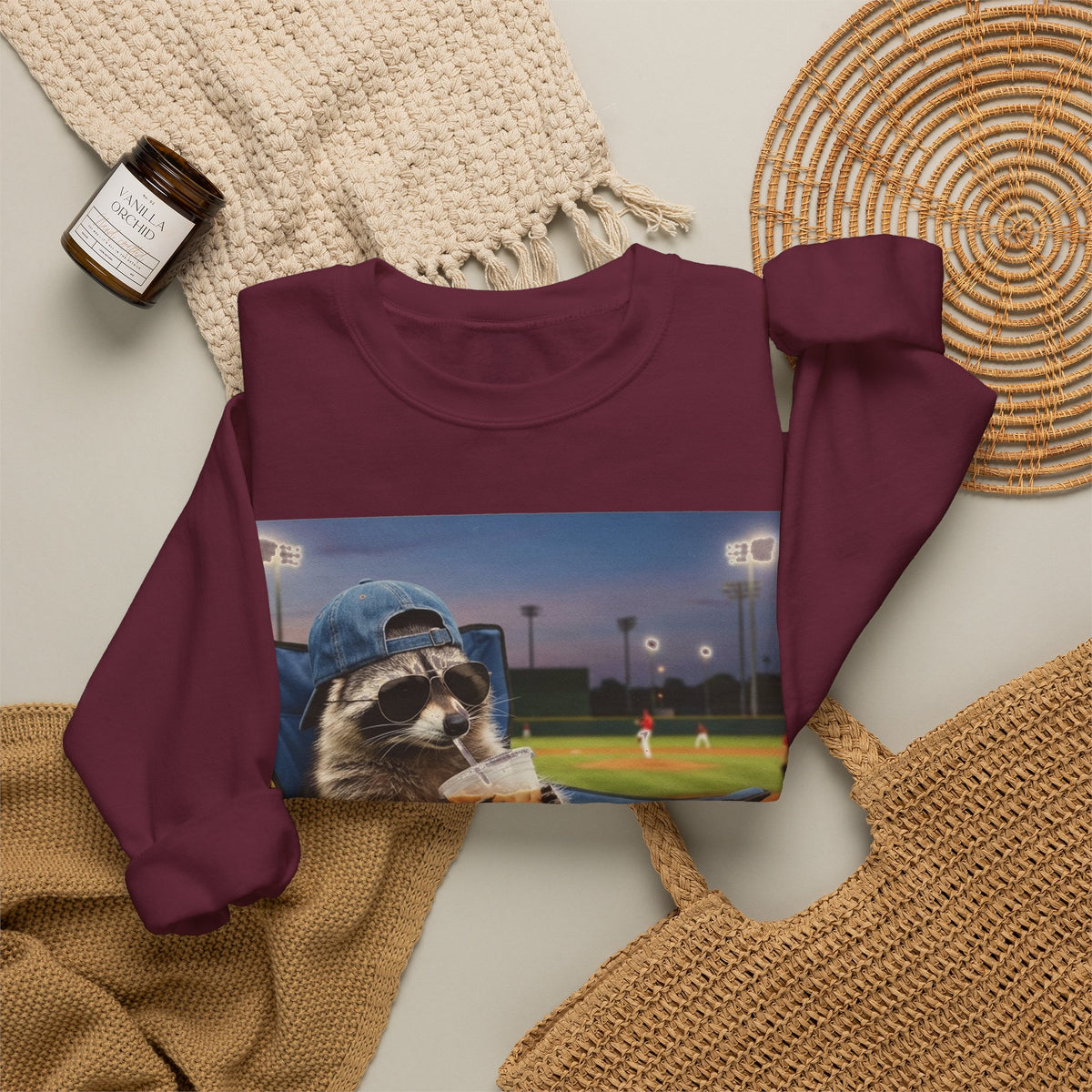 I Live Here Now Raccoon Baseball Sweatshirt, Funny Baseball Mom Sweatshirt, Raccoon Camp Chair Stadium Sweatshirt, Travel Ball Parent Gift,