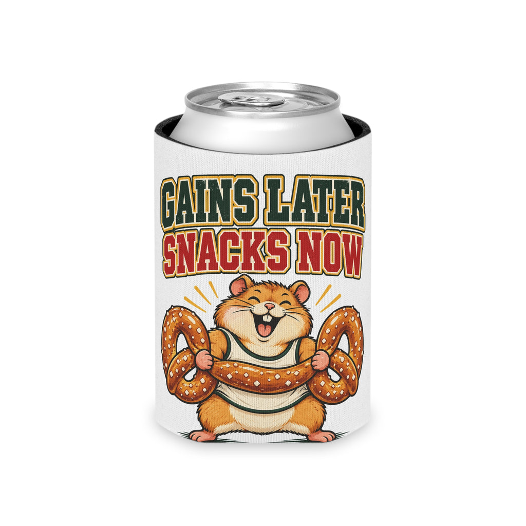 Gains Later Snacks Now Can Cooler, Funny Beer Can Sleeve, Gym Gift Stocking Stuffer