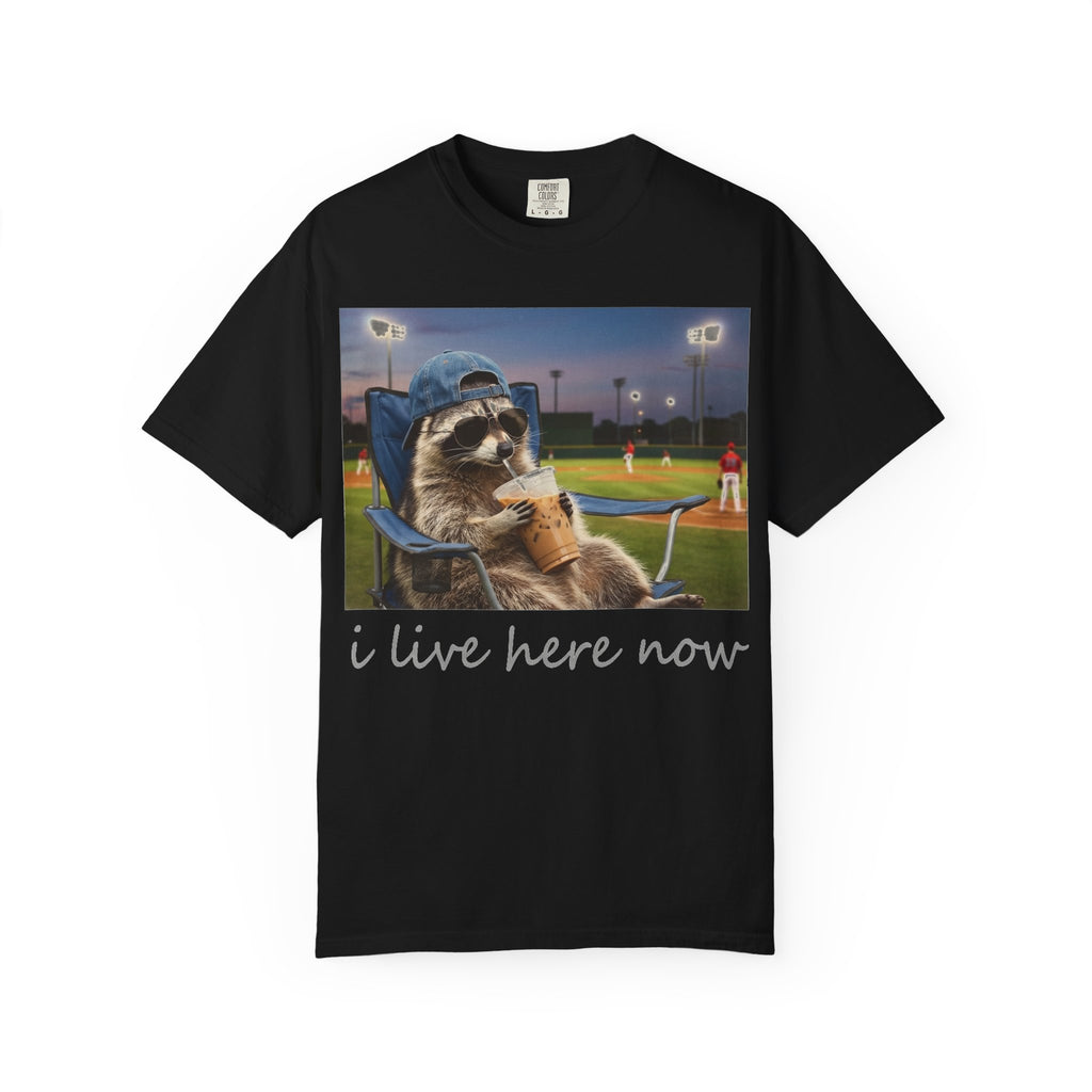 I Live Here Now Baseball Raccoon Shirt, Funny Sports Parent Tee, Iced Coffee Raccoon Shirt, Baseball Mom Gift