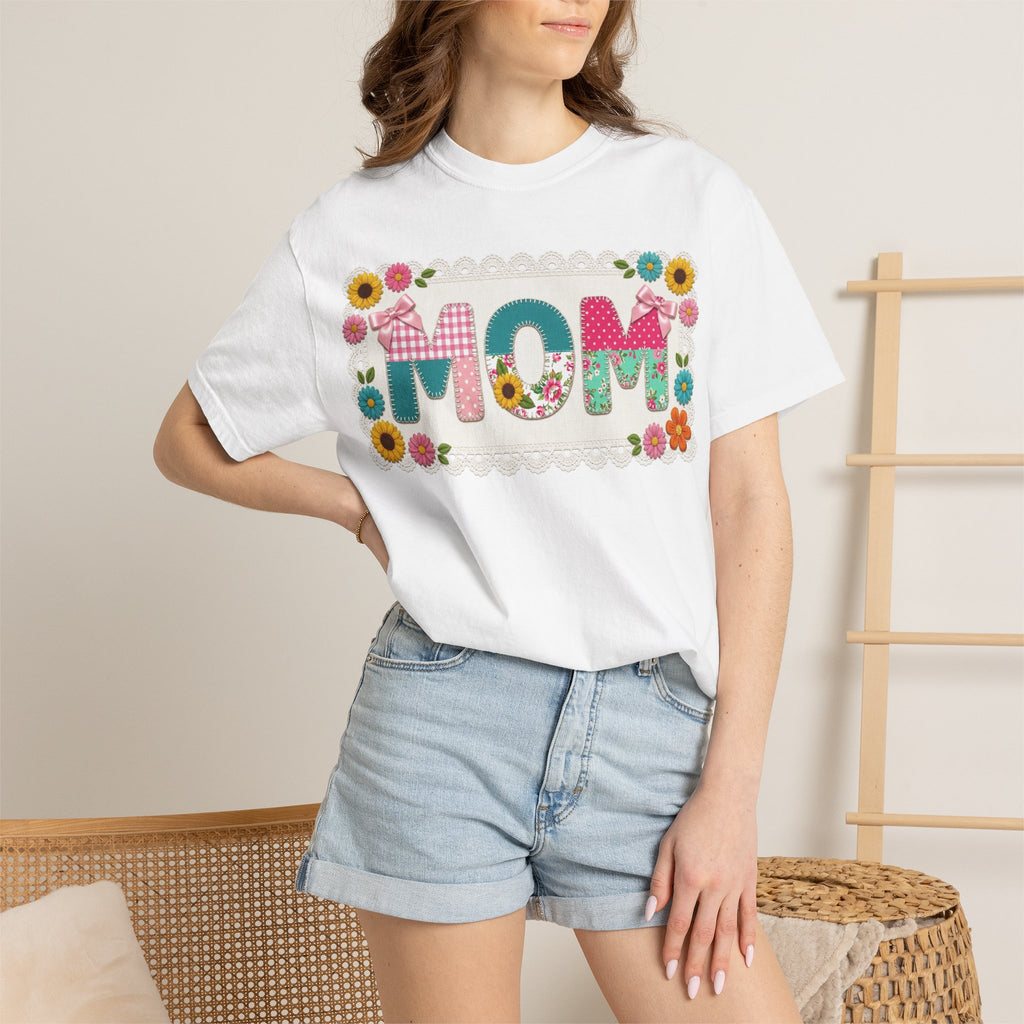 Mom Patchwork Applique Shirt, Faux Embroidery Floral MOM Tee, Mothers Day Shirt, Gift For Mom