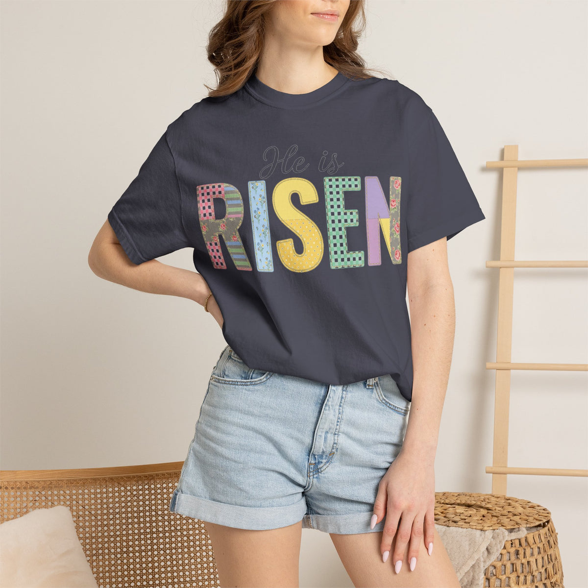 He Is Risen Patchwork Shirt, Faux Applique Easter Tee, Gingham Floral Christian Shirt, Easter Gift