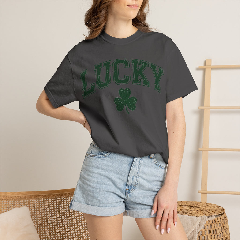 Lucky Shamrock Varsity Shirt, Distressed Green Clover Tee, St Patricks Day Collegiate Shirt, Irish Gift