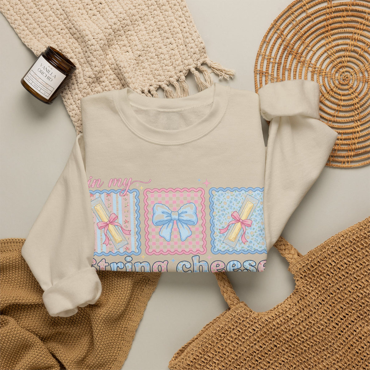 In My String Cheese Era Sweatshirt, Coquette Bow Snack Sweatshirt, Funny Girly Meme Sweatshirt, Pastel Pink Blue Gift for Her, Cute Food Hum