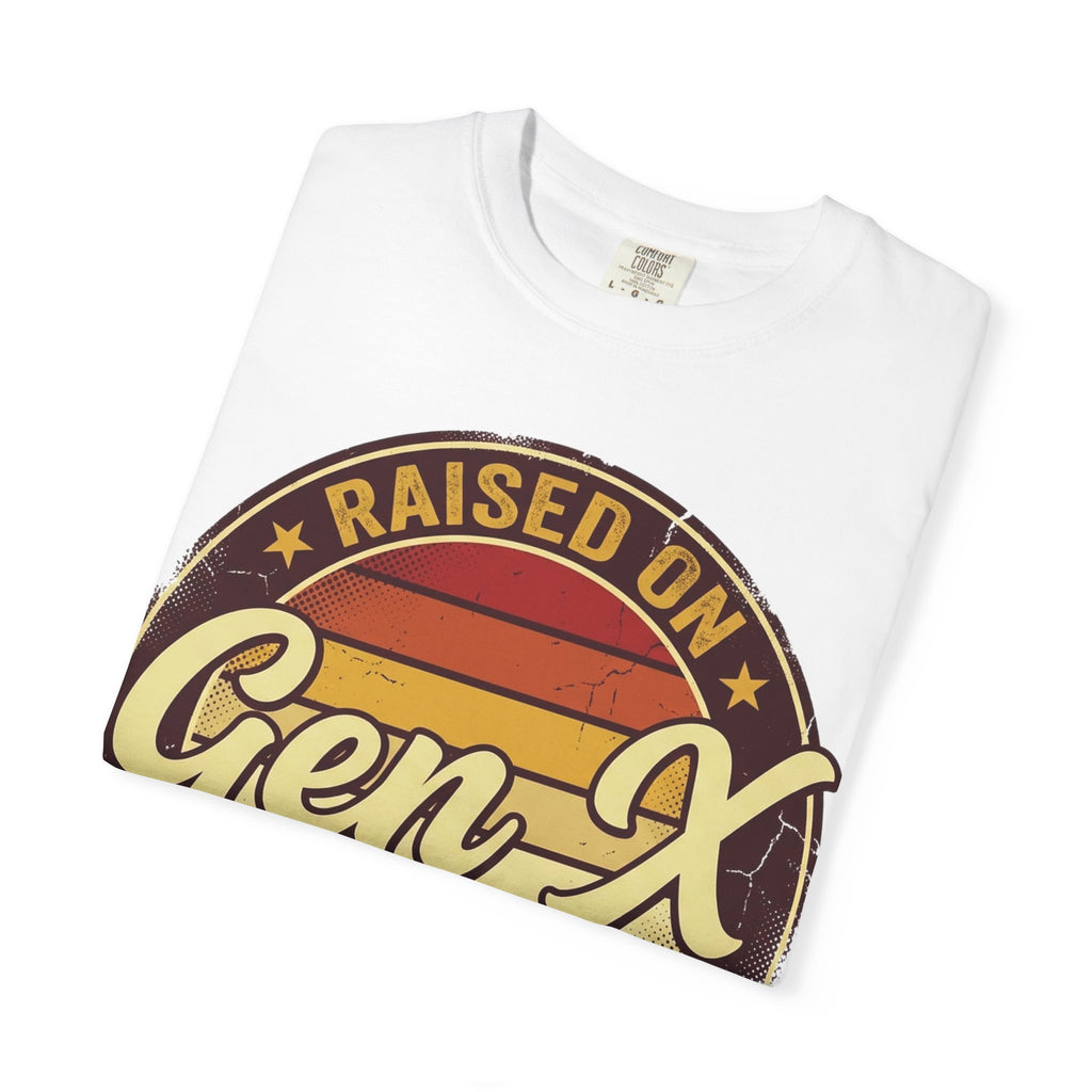 Gen X Retro Badge T-Shirt — "Raised on Gen-X" Vintage Sunset Tee