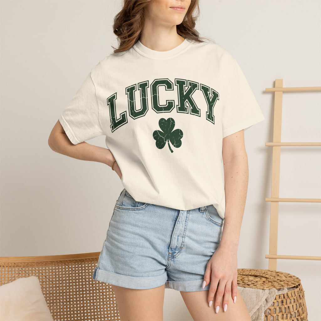 Lucky Shamrock Varsity Shirt, Distressed Green Clover Tee, St Patricks Day Collegiate Shirt, Irish Gift