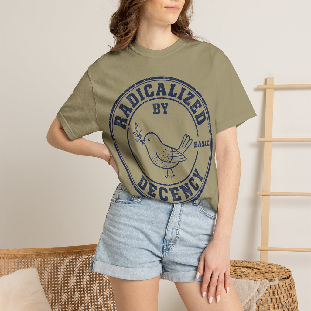 Radicalized By Basic Decency Navy Stamp Shirt, Line Art Dove Badge Tee, Kindness Protest Shirt, Activist Gift