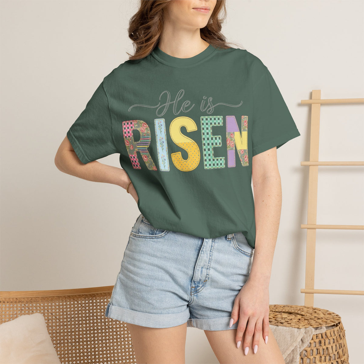 He Is Risen Floral Applique Shirt, Rose Gingham Easter Tee, Christian Patchwork Shirt, Easter Gift