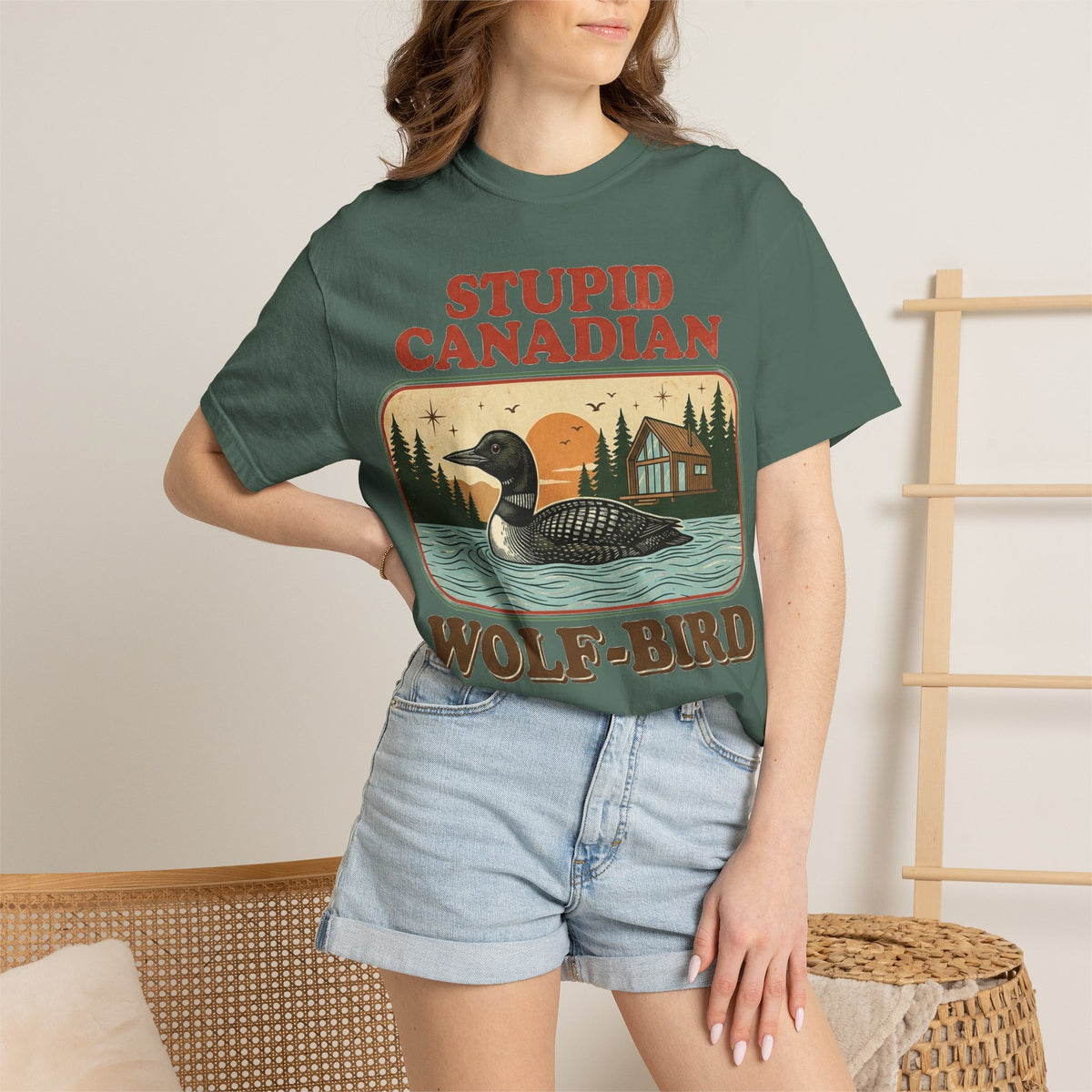 Stupid Canadian Wolf-Bird Shirt, Retro Loon Lake Badge Tee, Funny Canada Cabin Shirt, Lake Life Gift