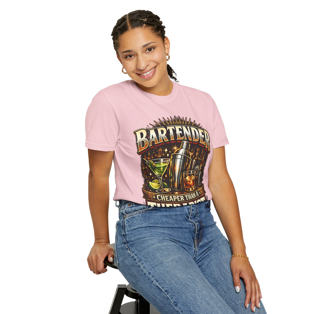 Bartender T-Shirt — "Bartender: Cheaper Than a Therapist" Vintage Bar Graphic Tee