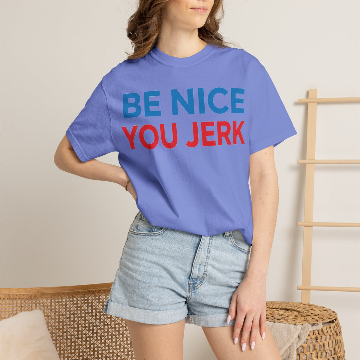 Be Nice You Jerk Wide Shirt, Funny Sarcastic Saying Tee, Light Blue And Red Shirt, Funny Friend Gift