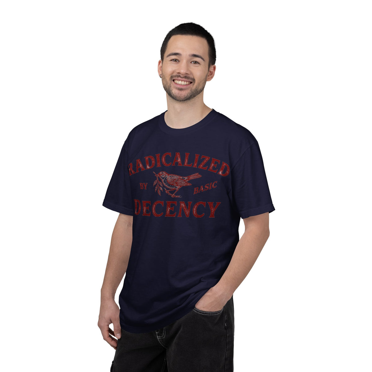 Radicalized By Basic Decency Bold Shirt, Engraved Bird Typography Tee, Kindness Statement Shirt, Protest Gift