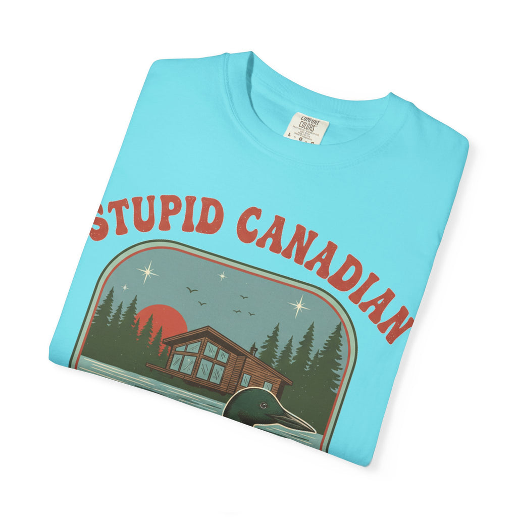 Stupid Canadian Wolf-Bird Arched Shirt, Retro Loon Sunset Badge Tee, Funny Lake Shirt, Cabin Gift
