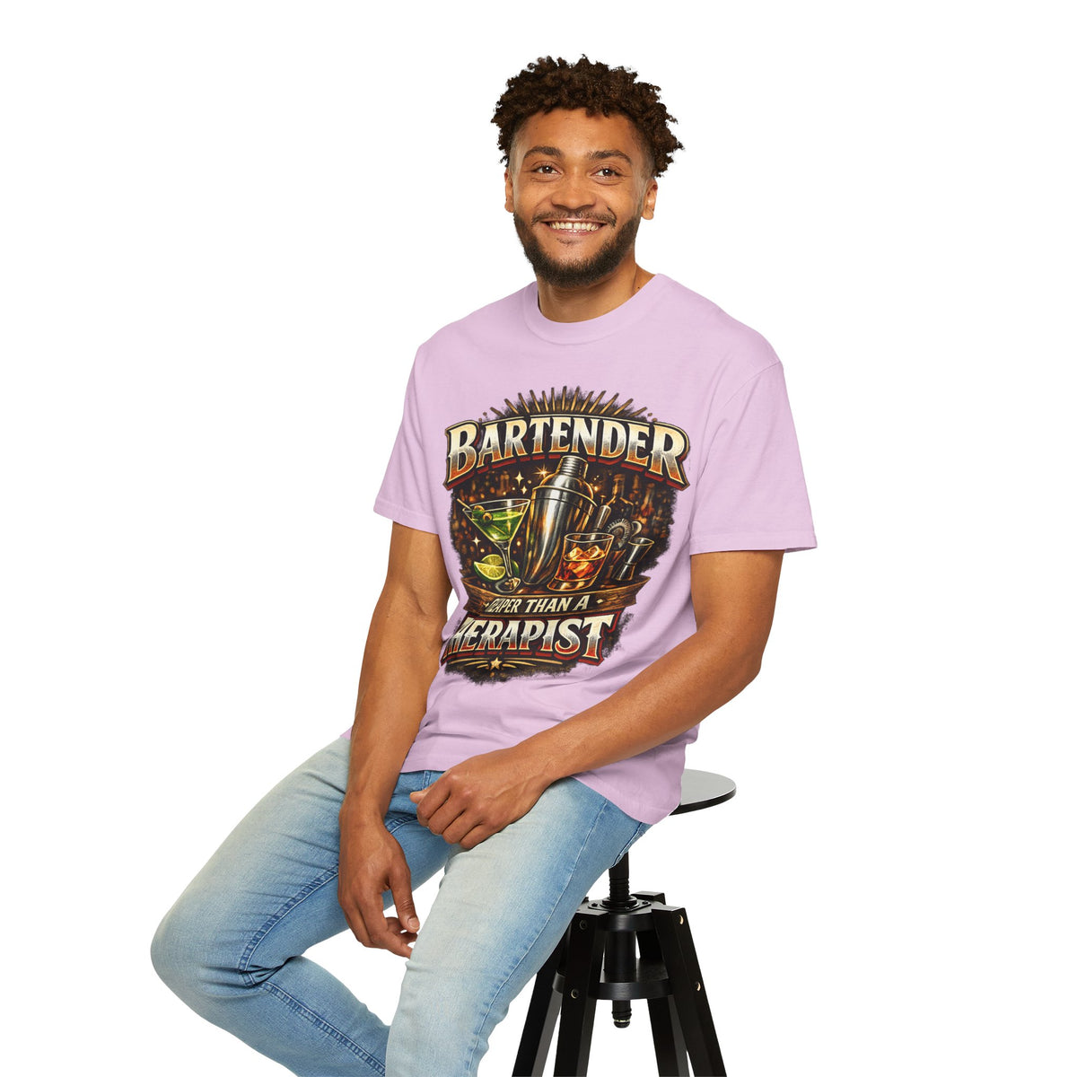 Bartender T-Shirt — "Bartender: Cheaper Than a Therapist" Vintage Bar Graphic Tee