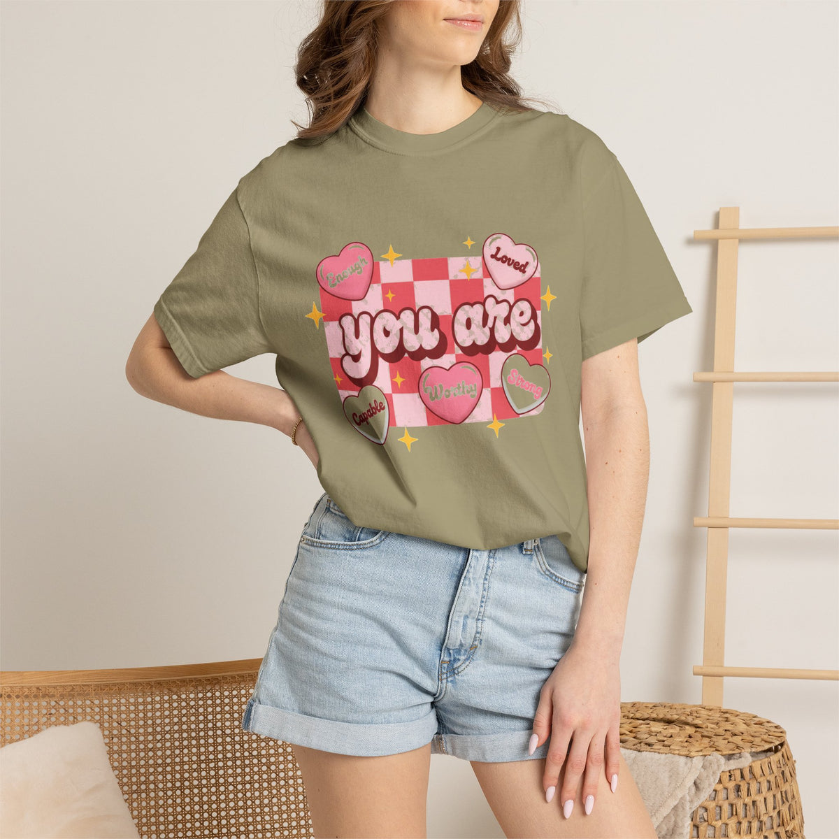 You Are Enough Pink Check Shirt, Affirmation Conversation Heart Tee, Valentines Shirt, Self Love Gift