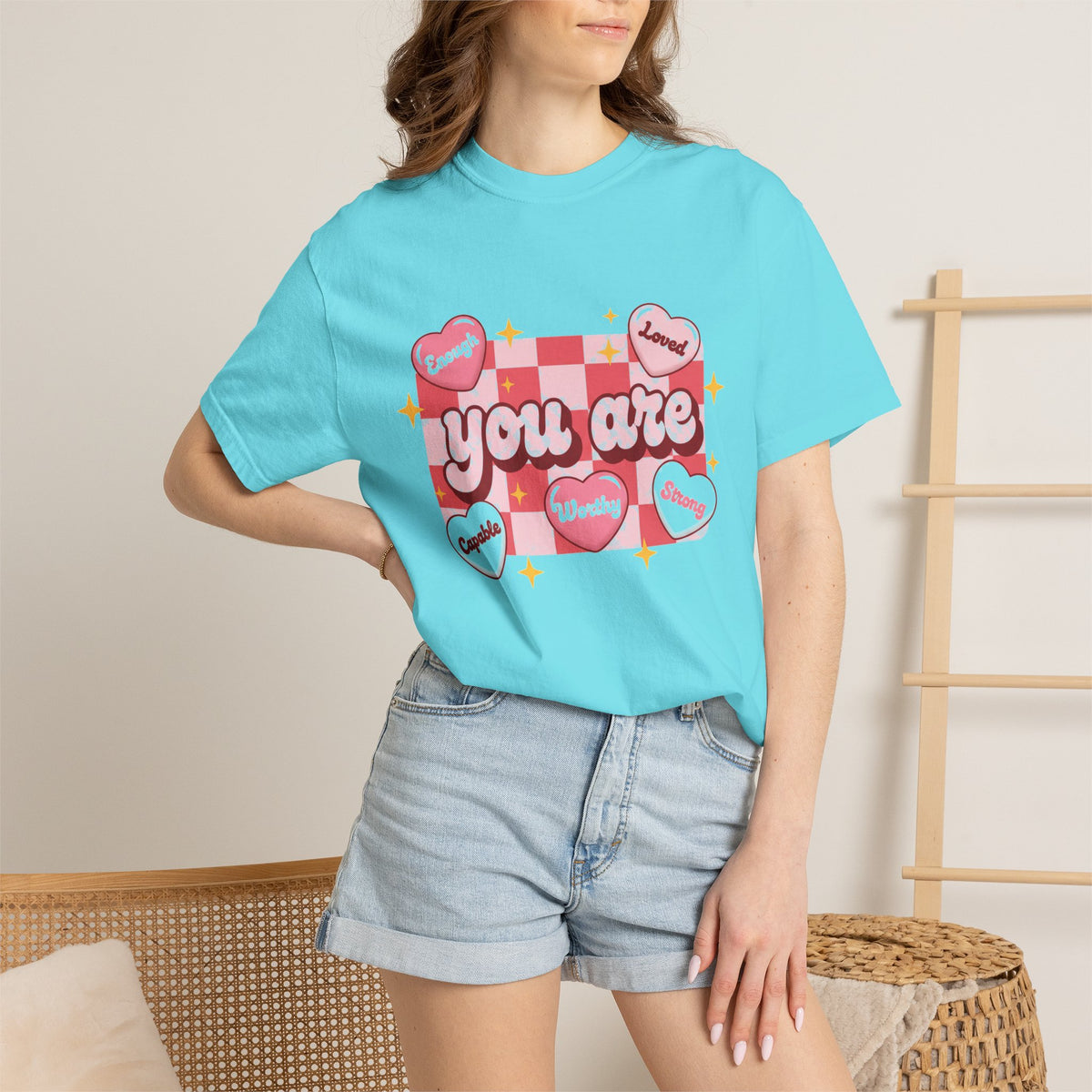 You Are Enough Pink Check Shirt, Affirmation Conversation Heart Tee, Valentines Shirt, Self Love Gift