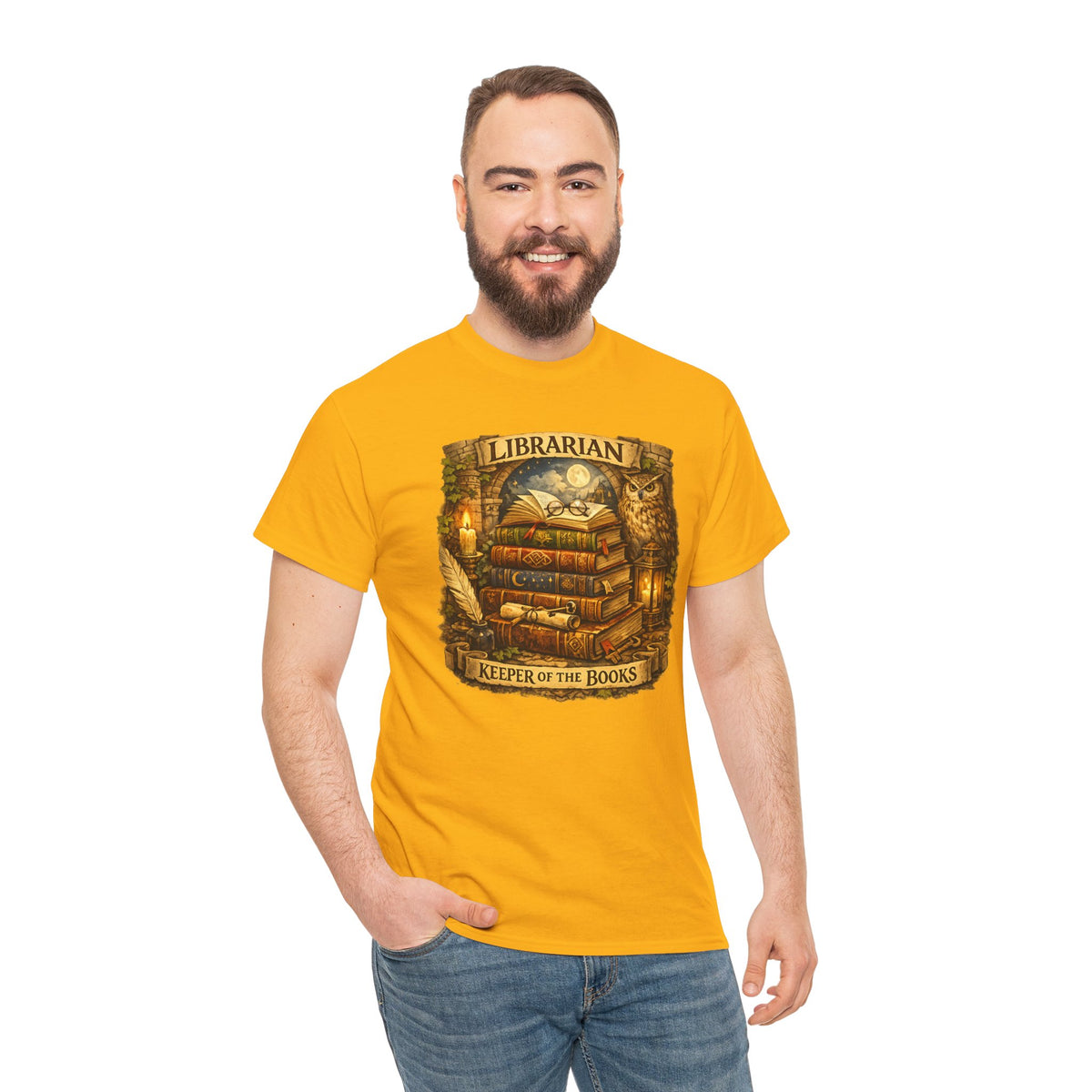 Librarian 'Keeper of the Books' T-Shirt — Vintage Bookstack & Owl Graphic