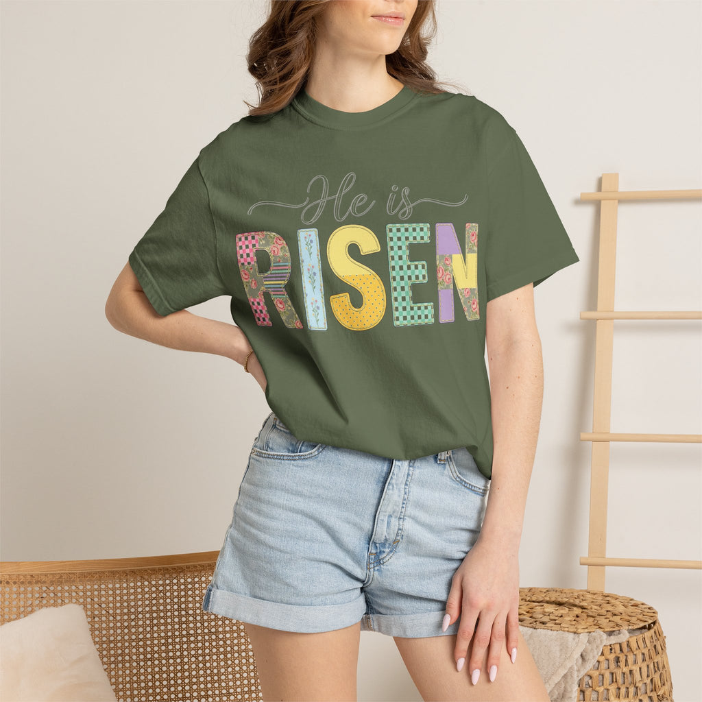 He Is Risen Floral Applique Shirt, Rose Gingham Easter Tee, Christian Patchwork Shirt, Easter Gift