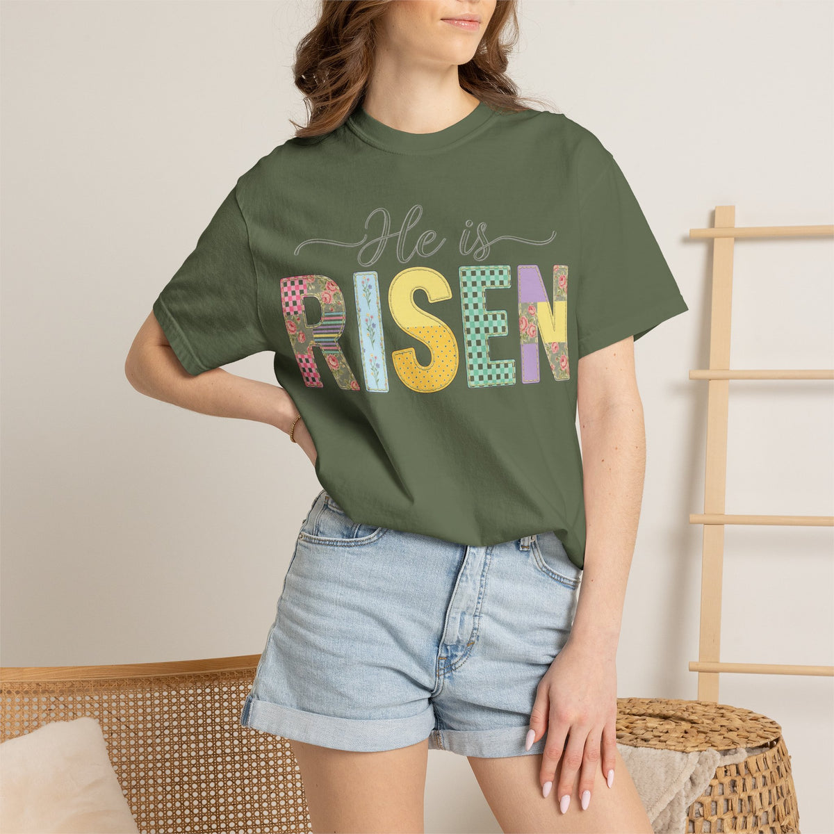 He Is Risen Floral Applique Shirt, Rose Gingham Easter Tee, Christian Patchwork Shirt, Easter Gift