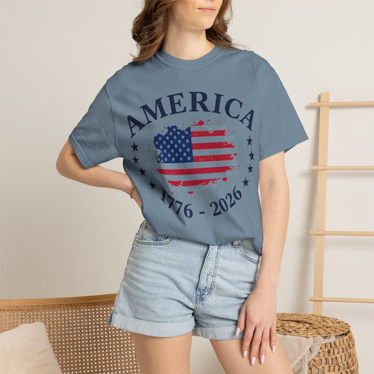 America 1776 2026 Wide Flag Shirt, Patriotic Star Border Tee, Distressed USA Flag Shirt, July 4th Gift