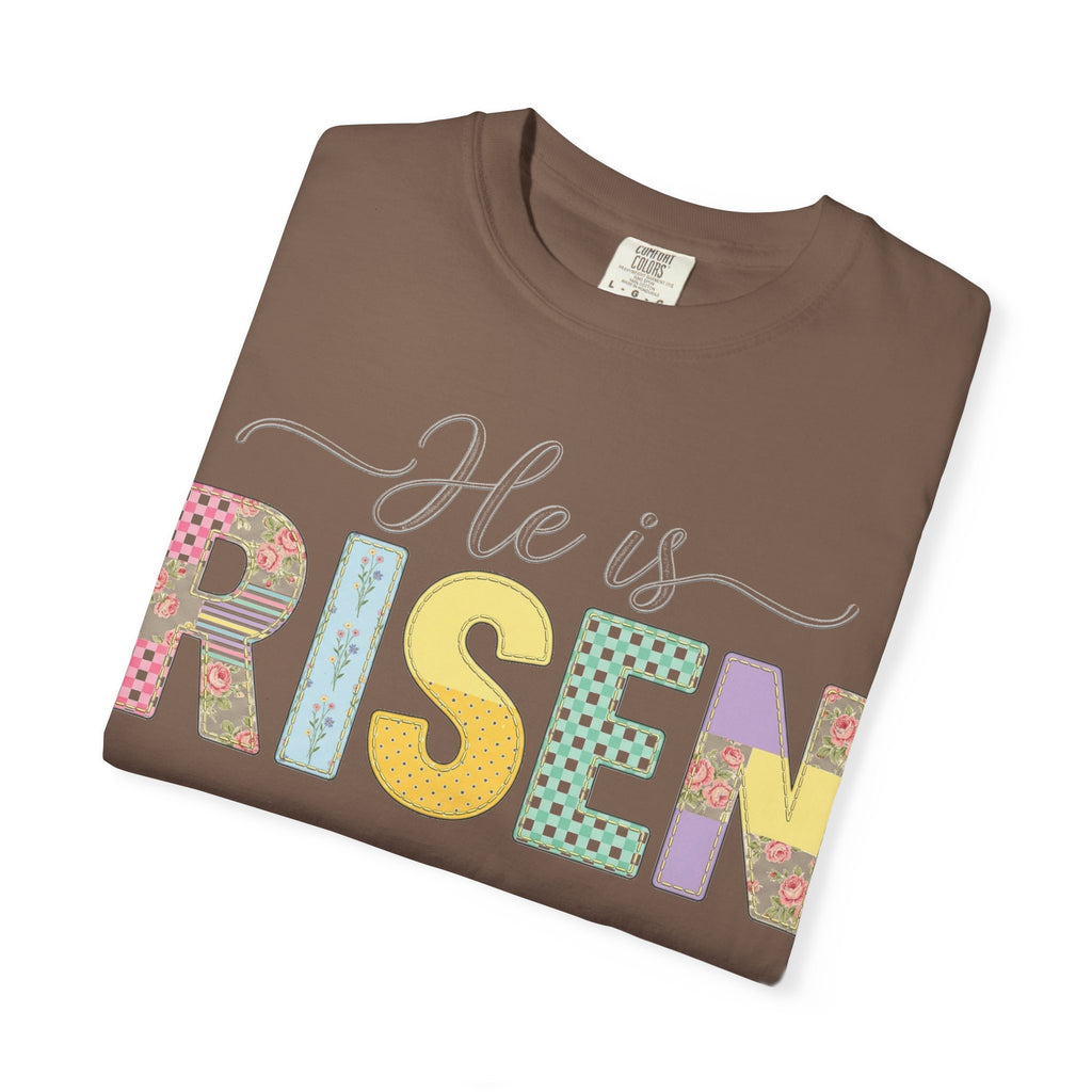 He Is Risen Floral Applique Shirt, Rose Gingham Easter Tee, Christian Patchwork Shirt, Easter Gift