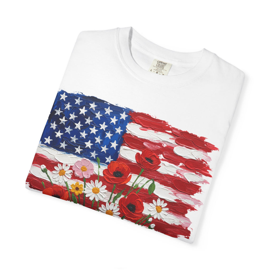 American Flag Poppy Bouquet Shirt, Impasto Patriotic Floral Tee, Memorial Day Shirt, Veterans Gift