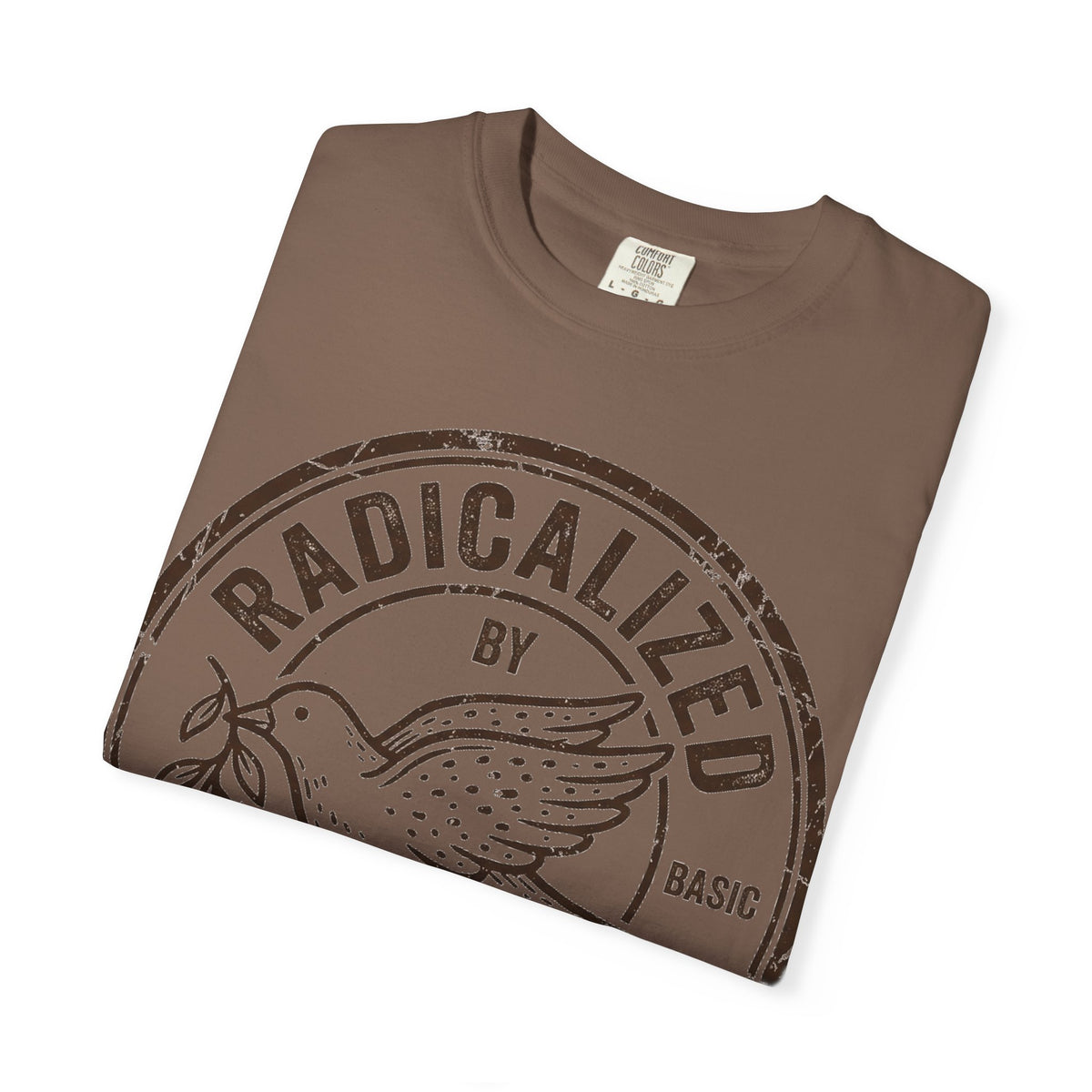 Radicalized By Basic Decency Brown Stamp Shirt, Flying Dove Badge Tee, Kindness Activist Shirt, Ally Gift