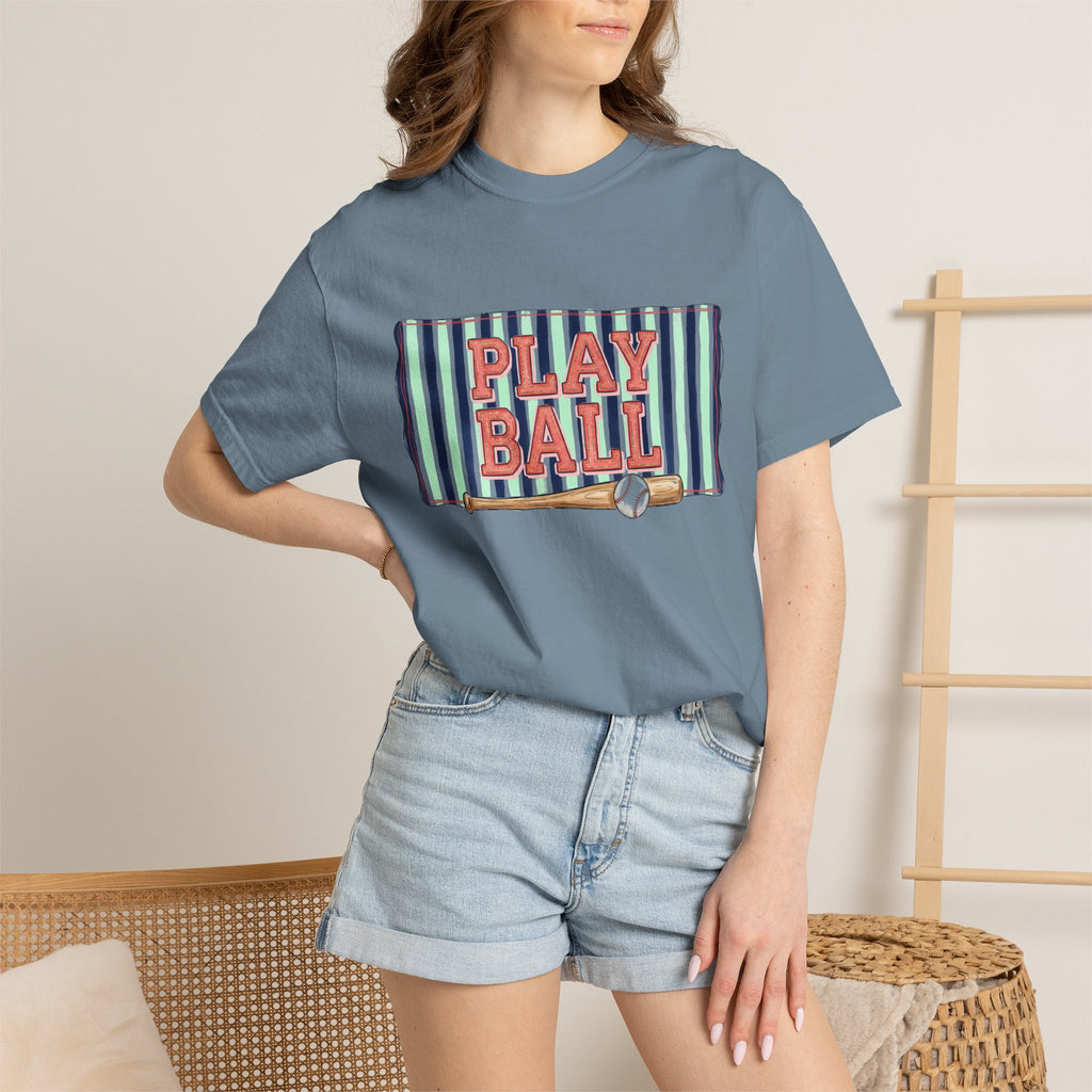 Play Ball Wide Stripe Shirt, Baseball Bat And Ball Tee, Vintage Game Day Shirt, Baseball Mom Gift
