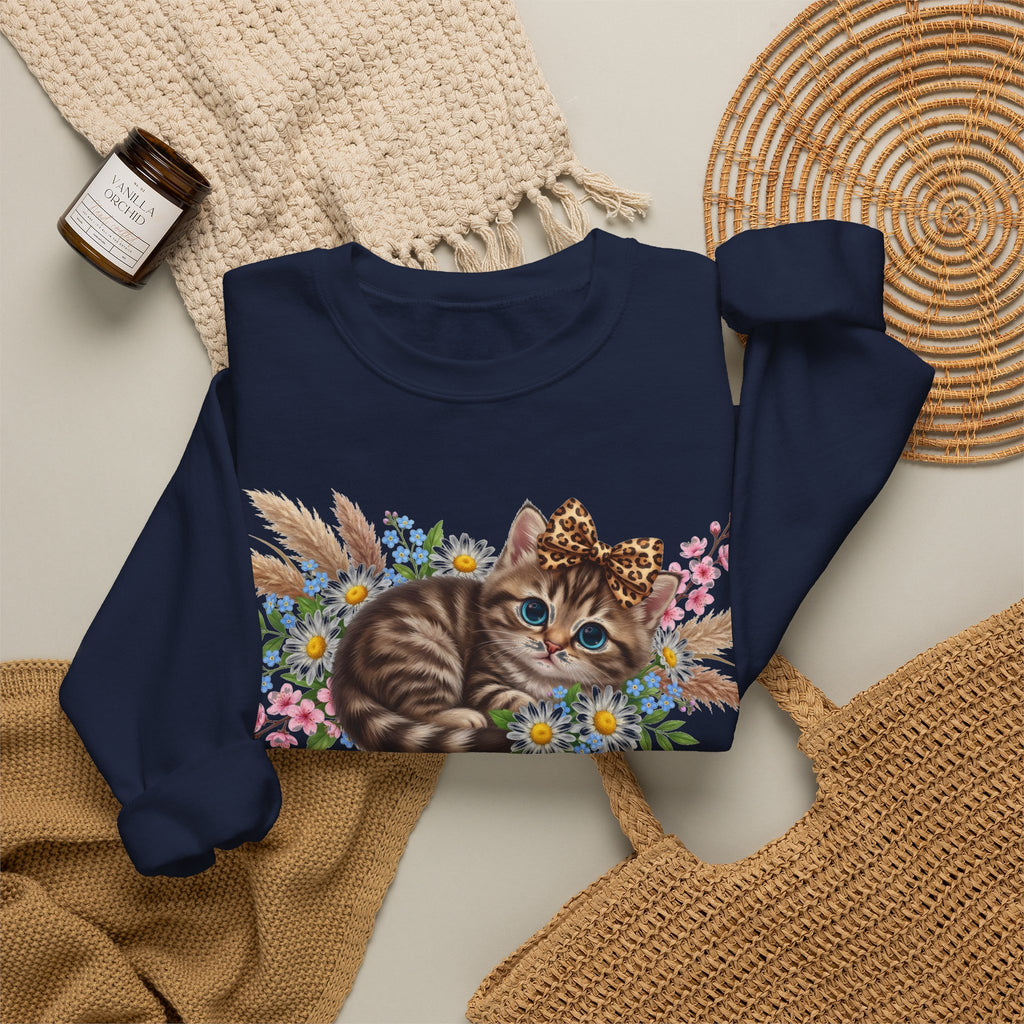 Cute Kitten Sweatshirt, Leopard Bow Floral Cat Sweatshirt, Coquette Cat Lover Gift, Tabby Kitten Pampas Flowers Sweatshirt, Cat Mom Boho Swe