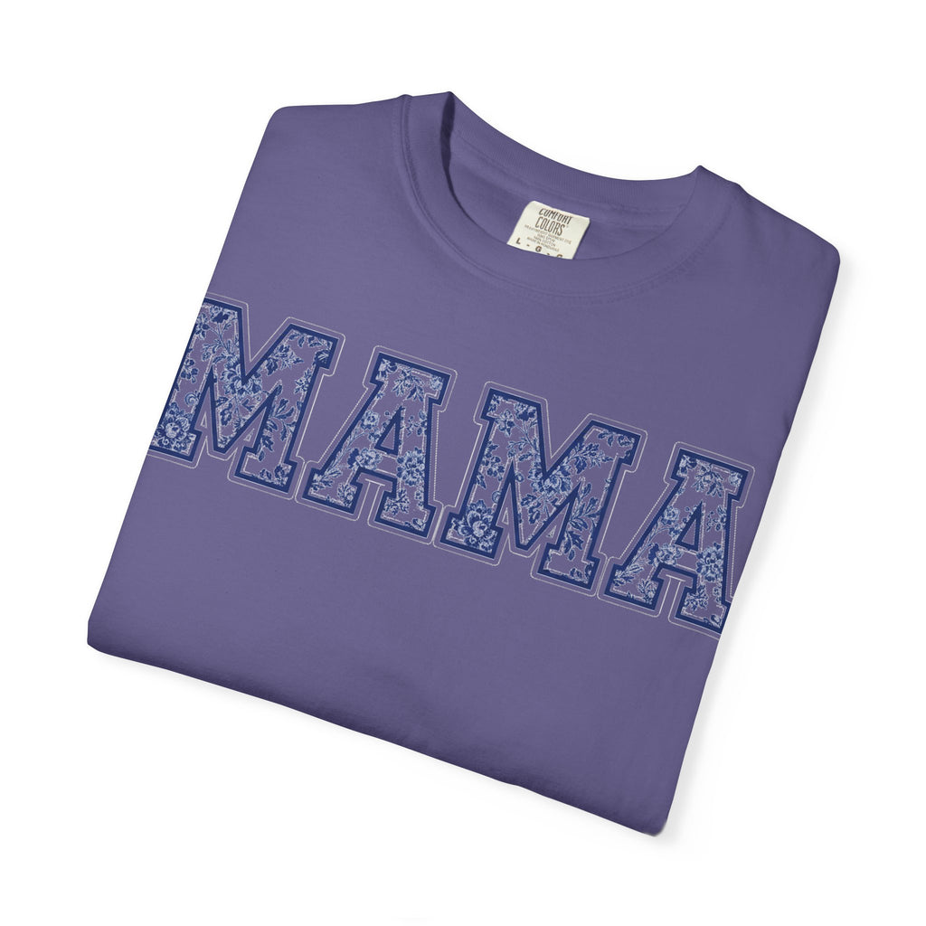 Mama Delft Blue Floral Shirt, Toile Varsity Applique Tee, Grandmillennial Mom Shirt, Mothers Day Gift