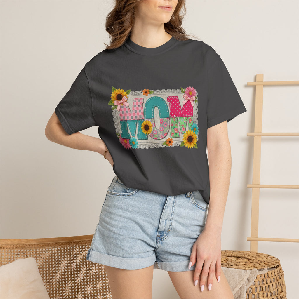 Mom Sunflower Applique Shirt, Faux Stitch Floral MOM Tee, Mothers Day Shirt, Mom Gift