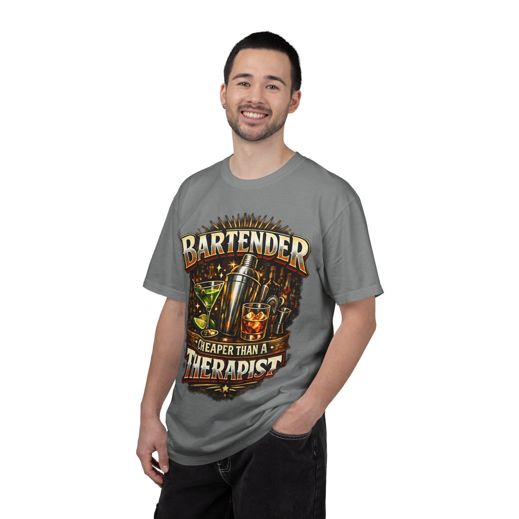 Bartender T-Shirt — "Bartender: Cheaper Than a Therapist" Vintage Bar Graphic Tee
