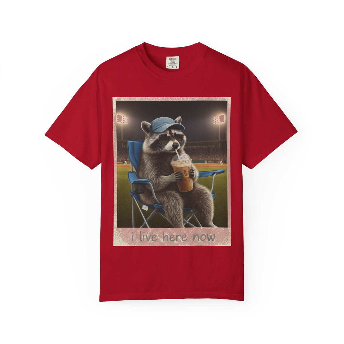 Baseball Raccoon Shirt, I Live Here Now Tee, Funny Ballpark Iced Coffee Shirt, Baseball Mom Gift
