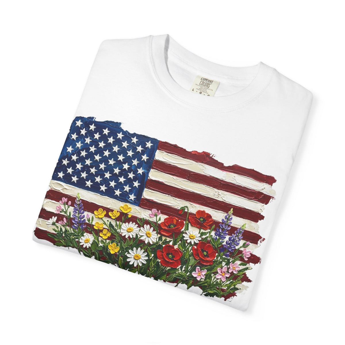 Painted Flag Wildflower Meadow Shirt, Impasto Americana Floral Tee, Patriotic Shirt, Independence Day Gift