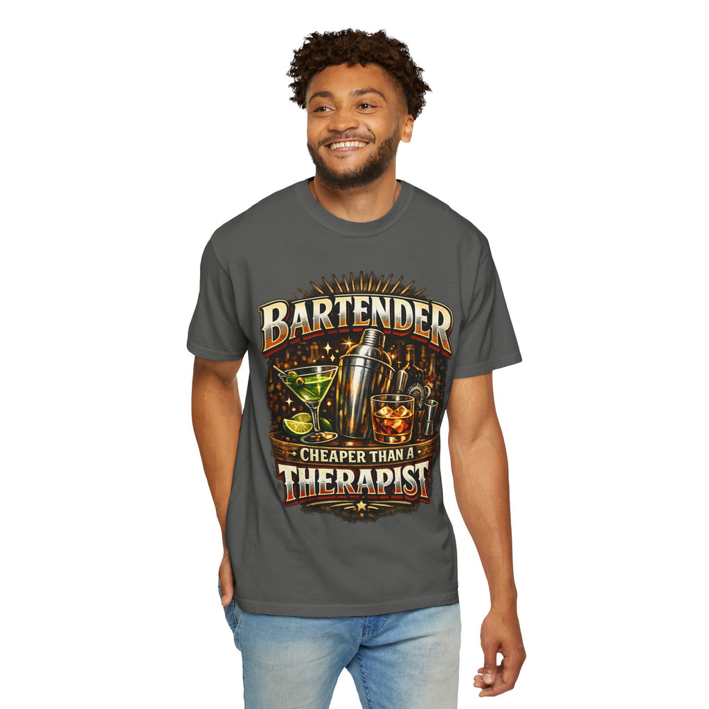 Bartender T-Shirt — "Bartender: Cheaper Than a Therapist" Vintage Bar Graphic Tee