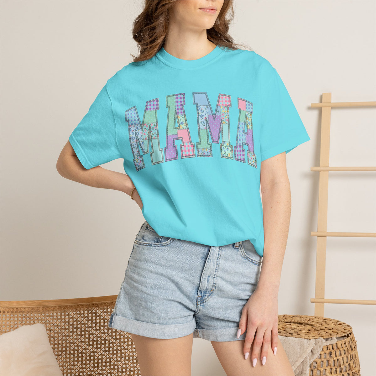 Mama Arched Patchwork Shirt, Pastel Quilt Letter Tee, Cottagecore Mom Shirt, Mothers Day Gift