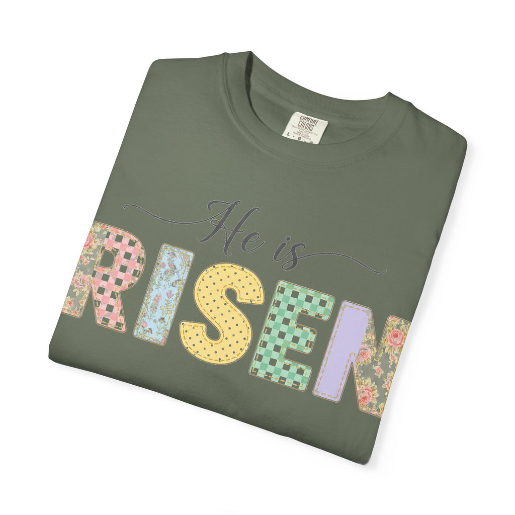 He Is Risen Pastel Patch Shirt, Easter Faux Stitch Letter Tee, Christian Spring Shirt, Easter Gift