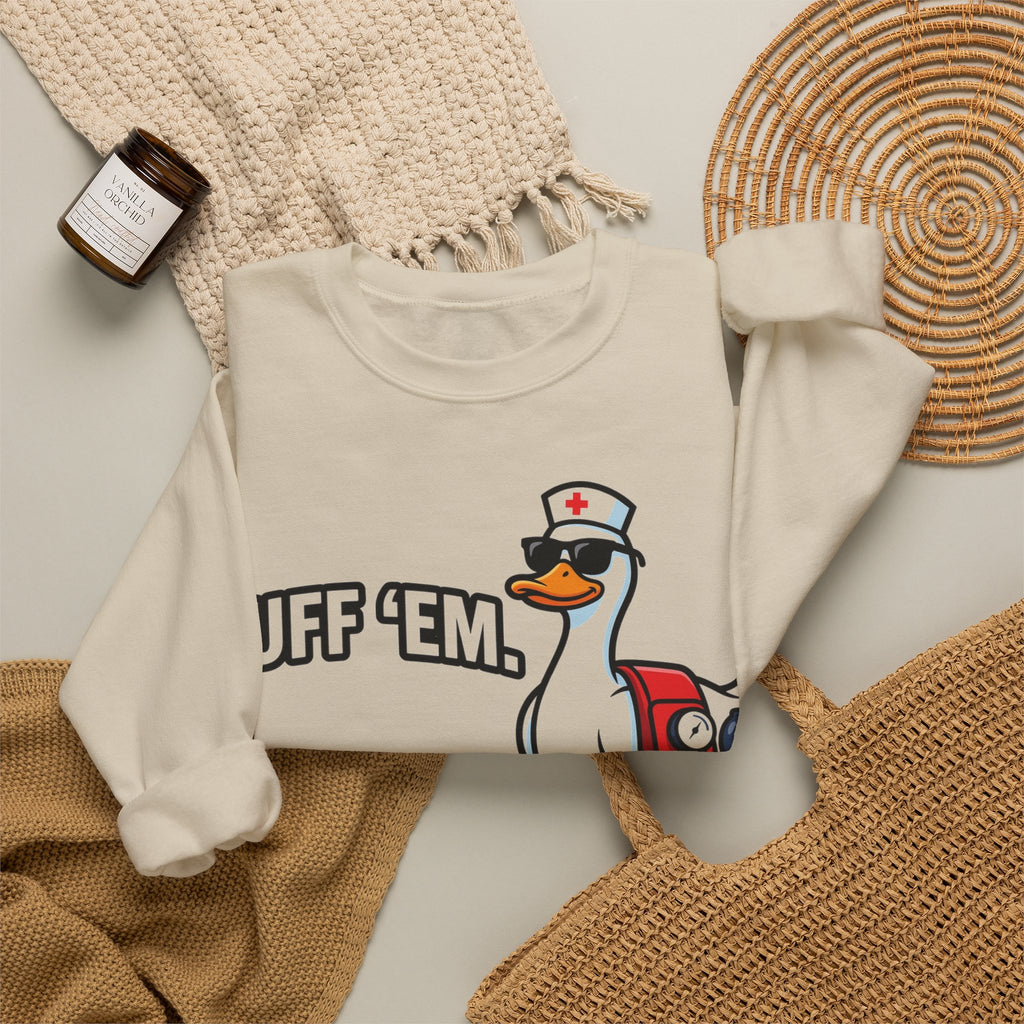 Cuff 'Em Duck Nurse Sweatshirt, Funny Blood Pressure Duck Sweatshirt, Nurse Humor Gift, CNA Med Tech Sweatshirt, Cool Duck Sunglasses Nursin