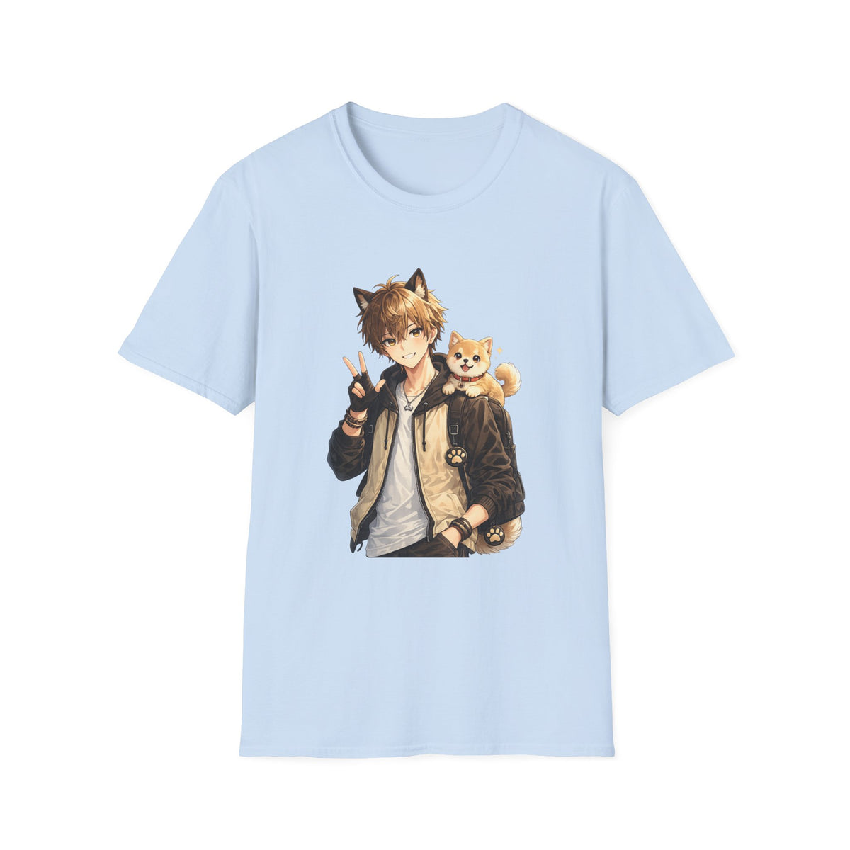 Anime Boy with Shiba Inu T-Shirt — Cute Kawaii Cat-Eared Character Tee
