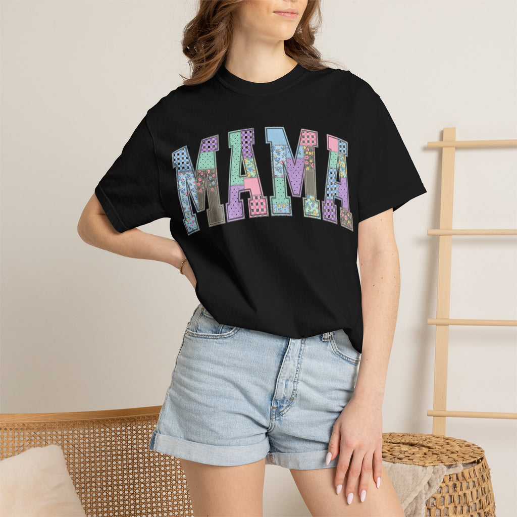 Mama Arched Patchwork Shirt, Pastel Quilt Letter Tee, Cottagecore Mom Shirt, Mothers Day Gift
