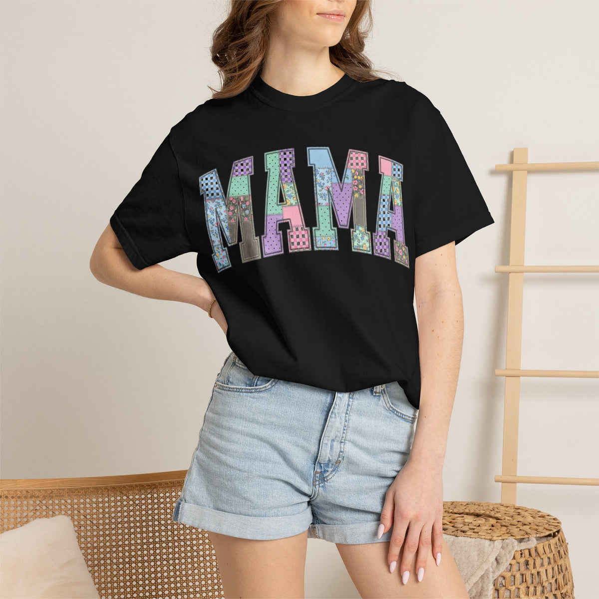 Mama Arched Patchwork Shirt, Pastel Quilt Letter Tee, Cottagecore Mom Shirt, Mothers Day Gift