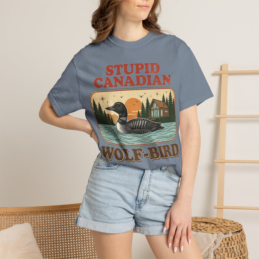 Stupid Canadian Wolf-Bird Shirt, Retro Loon Lake Badge Tee, Funny Canada Cabin Shirt, Lake Life Gift