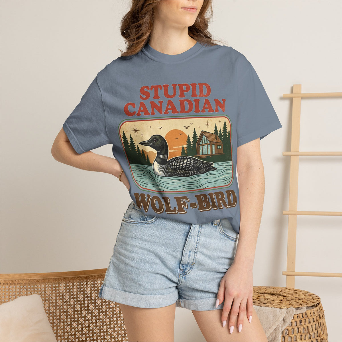 Stupid Canadian Wolf-Bird Shirt, Retro Loon Lake Badge Tee, Funny Canada Cabin Shirt, Lake Life Gift