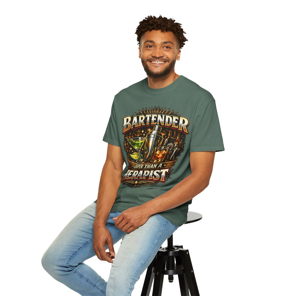 Bartender T-Shirt — "Bartender: Cheaper Than a Therapist" Vintage Bar Graphic Tee