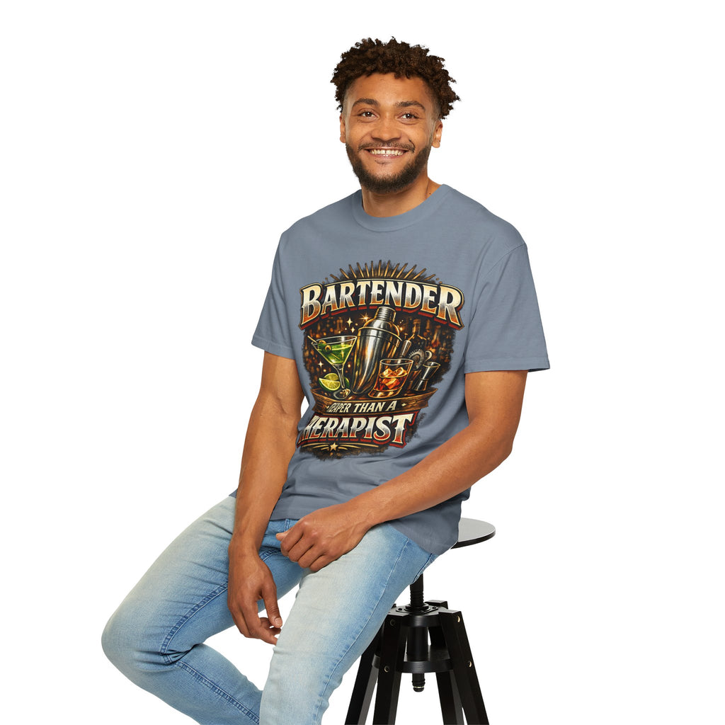 Bartender T-Shirt — "Bartender: Cheaper Than a Therapist" Vintage Bar Graphic Tee