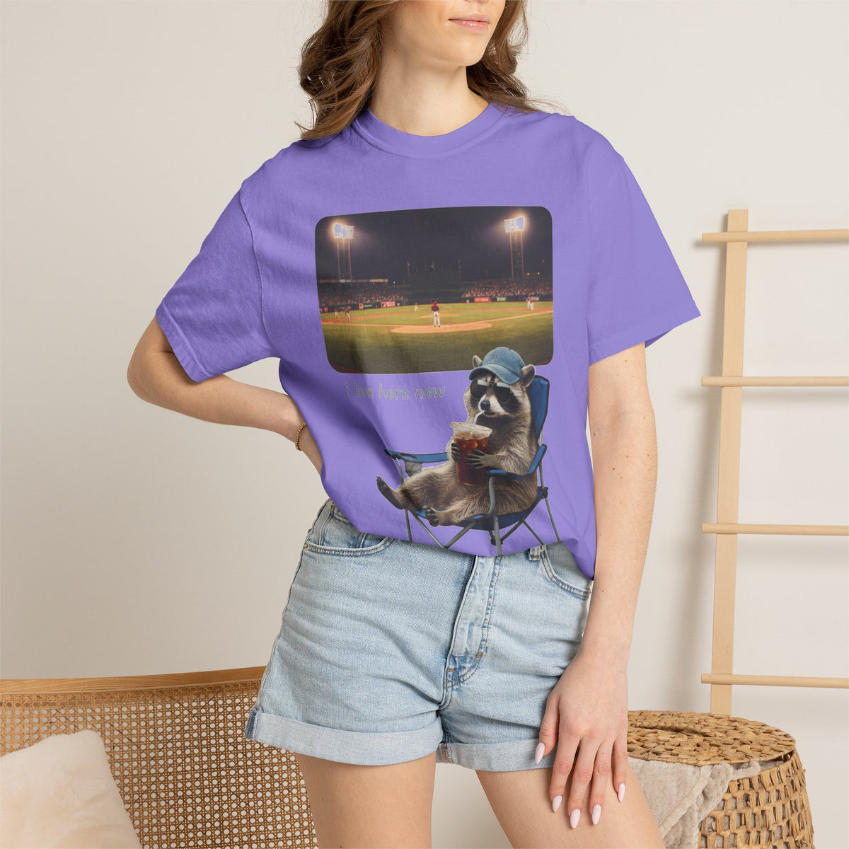 I Live Here Now Ballpark Raccoon Shirt, Funny Baseball Parent Tee, Camp Chair Raccoon Shirt, Sports Mom Gift