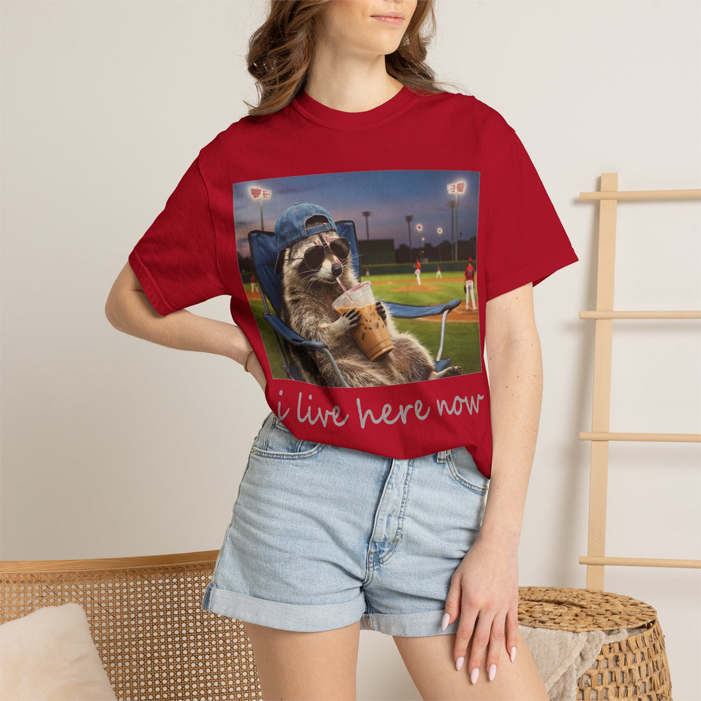 I Live Here Now Baseball Raccoon Shirt, Funny Sports Parent Tee, Iced Coffee Raccoon Shirt, Baseball Mom Gift