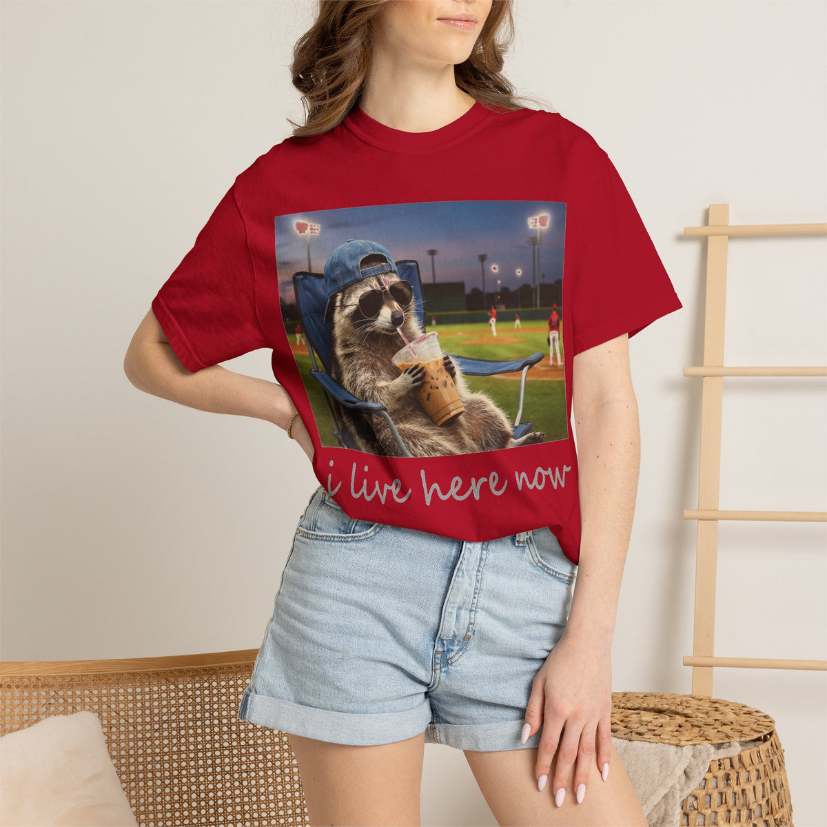 I Live Here Now Baseball Raccoon Shirt, Funny Sports Parent Tee, Iced Coffee Raccoon Shirt, Baseball Mom Gift